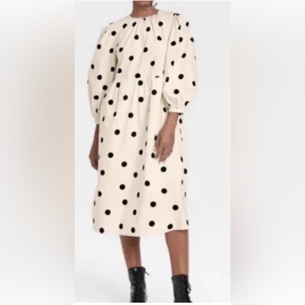 Who What Wear Polka Dot Ruffle Hem Dress White Black Balloon Sleeve XS
